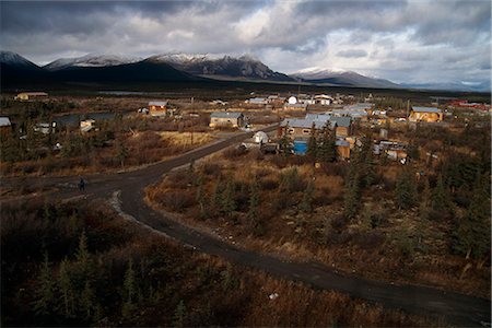 snow mountain town - View overlooking Arctic Village with Brooks Range in the background, Arctic Alaska, Autumn Stock Photo - Rights-Managed, Code: 854-03739914