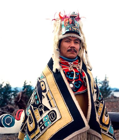 southeast alaska - Portrait of renowned wood and totem carver Nathan Jackson dressed in traditional regalia at a totem raising ceremony in Kake, Southeast Alaska, Summer Stock Photo - Rights-Managed, Code: 854-03740323