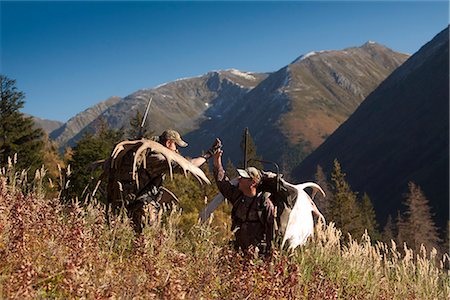 simsearch:854-03845092,k - Zwei männliche Elch Jäger geben ein High-Five mit ihrer Trophäe Elch Zahnstangen auf Packs auf einen Berg, Bird Creek Entwässerung Raum, Chugach Mountains, Chugach National Forest, South Central Alaska, Herbst Stockbilder - Lizenzpflichtiges, Bildnummer: 854-03845088