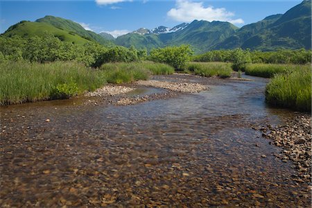 simsearch:854-03740297,k - Vue panoramique d'un ruisseau sans nom de saumon qui se jette dans le lac LaRose marchés DEAM près de Pasagshak Bay Road, Chiniak Bay, île de Kodiak, sud-ouest de l'Alaska, l'été Photographie de stock - Rights-Managed, Code: 854-03845195