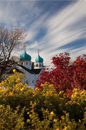 View of the Holy Resurrection Russian Orthodox Cathedral with colorful Fall foliage in the foreground, Kodiak Island, Soutwest Alaka, Fall Stock Photo - Rights-Managed, Code: 854-03845255