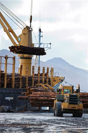 farm harvesting equipment - View of log ship being loaded with Sitka Spruce from Chiniak and Sequel Point at LASH dock in Women's Bay, Kodiak Island, Southwest Alaska, Autumn Stock Photo - Rights-Managed, Code: 854-03845262