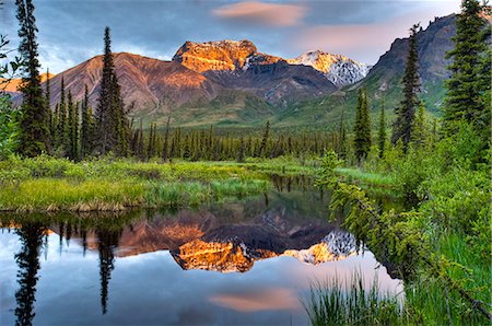 final del dia - Reflection of Skookum Volcano in a pond near Nabesna Road at sunset in Wrangell St. Ellias National Park, Southcentral Alaska, Summer Foto de stock - Con derechos protegidos, Código: 854-03845546