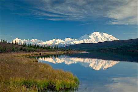 sun reflected lake - Scenic landscape of Mt. McKinley and Wonder lake in the morning, Denali National Park, Interior Alaska, Autumn. HDR Stock Photo - Rights-Managed, Code: 854-03845615