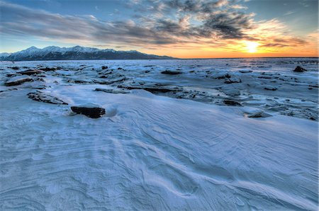 sunset view - Sunset over windblown snow and ice, Anchorage Coastal Wildlife Refuge, Soutcentral Alaska, Winter, HDR Stock Photo - Rights-Managed, Code: 854-03846047