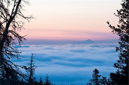 sunset mist - Scenic view of a low layer of fog over Anchorage with Mt. Redout visible above the fog  in the background, Southcentral Alaska, Winter Stock Photo - Rights-Managed, Code: 854-03846043