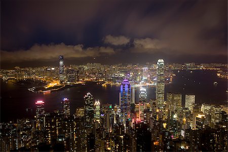 densely populated city buildings - Panoramic cityscape from the Peak at night, Hong Kong Stock Photo - Rights-Managed, Code: 855-05984365