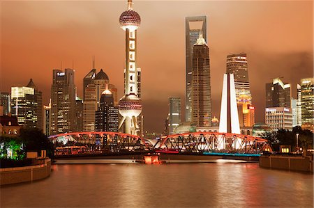 Skyline of Lujiazui Pudong viewed from Suzhou river at night, Shanghai, China Stock Photo - Rights-Managed, Code: 855-06312226