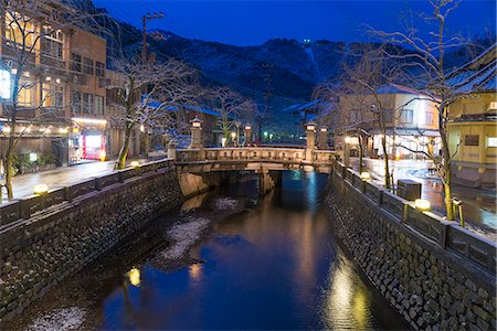 small town snow - Snow on Otani river at night, Kinosaki Onsens (Hot springs) in winter. Kinosaki Hyogo Prefecture, Kansai, Japan Stock Photo - Rights-Managed, Code: 855-08420932