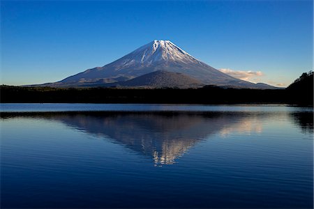 Lake Shoji with the upside down reflection of Mt. Fuji, Fujikawaguchiko town, Yamanashi prefecture, Koshinetsu region, Japan Stockbilder - Lizenzpflichtiges, Bildnummer: 855-08781694