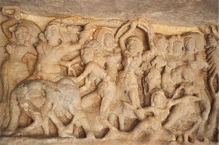 Details of carvings at an archaeological site, Udayagiri and Khandagiri Caves, Bhubaneswar, Orissa, India Photographie de stock - Rights-Managed, Code: 857-06721593