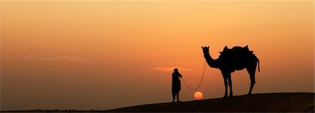 Silhouette of a man standing with a camel, Jaisalmer, Rajasthan, India Foto de stock - Direito Controlado, Número: 857-03192631