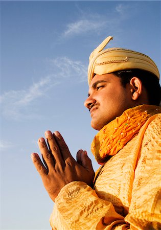 Side profile of a groom in prayer position, Jodhpur, Rajasthan, India Stock Photo - Rights-Managed, Code: 857-03553557