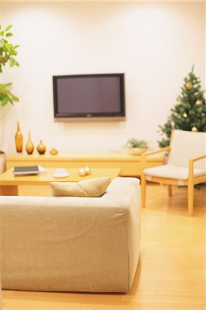 floor cushion sofa - Living room with furniture, LCD TV on the wall and a Christmas tree in the background Stock Photo - Rights-Managed, Code: 859-06470183