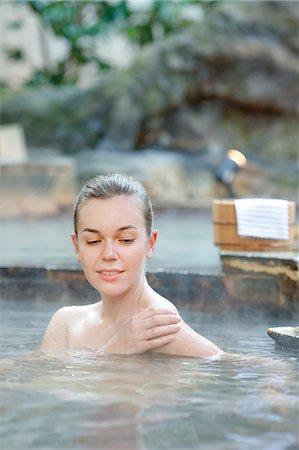 steaming hot bath - Caucasian woman bathing at traditional hot spring, Tokyo, Japan Stock Photo - Rights-Managed, Code: 859-08993808