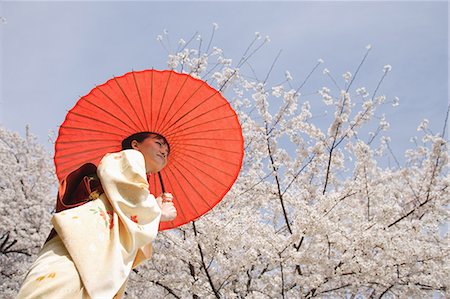 picture of umbrella style - Woman Holding Parasol Standing Under Cherry Tree Stock Photo - Rights-Managed, Code: 859-03038733