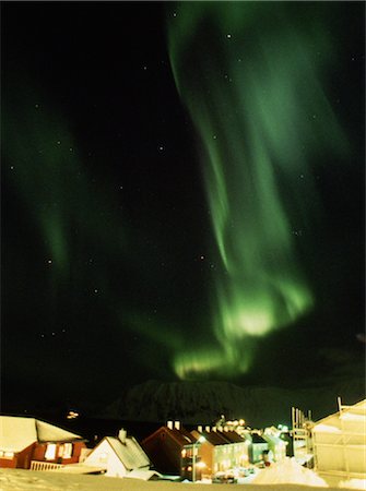 snowy night at home - Aurora Borealis over a Small Town Stock Photo - Rights-Managed, Code: 859-03043624