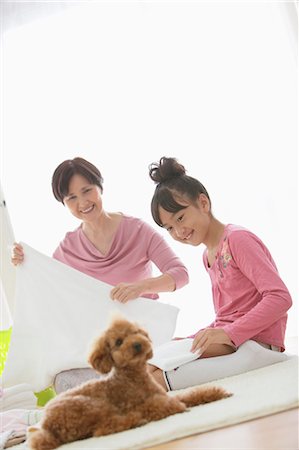 family dog lifestyle - Granddaughter And Grandmother Folding Laundry Foto de stock - Con derechos protegidos, Código: 859-03598720