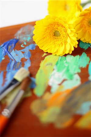 paint pallet - Paints On Artist Pallet With Garbera Stock Photo - Rights-Managed, Code: 859-03598775