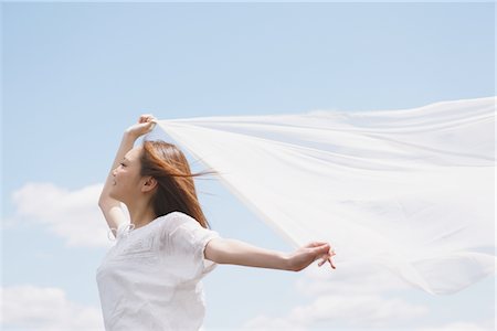 portrait on white sheet - Japanese Woman Feeling Wind Stock Photo - Rights-Managed, Code: 859-03730657