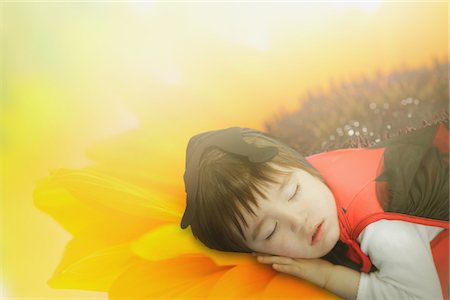 soft yellow background - Boy Dressed as Ladybug Sleeping on Flower Stock Photo - Rights-Managed, Code: 859-03781988