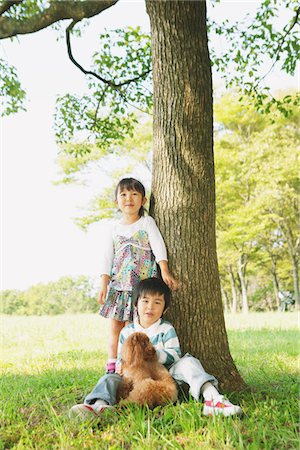 Girl and Boy With Poodle Dog Near Tree Trunk Stock Photo - Rights-Managed, Code: 859-03805795