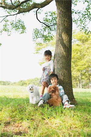 Girl and Boy with Poodle Dog near Tree Trunk Fotografie stock - Rights-Managed, Codice: 859-03805796