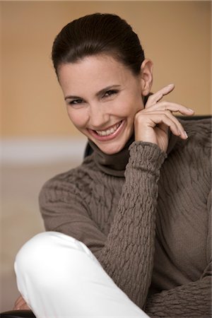 portrait beauty woman 40s - Smiling woman wearing brown pullover Stock Photo - Rights-Managed, Code: 853-05523431