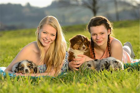 Two young women with australian sheperd puppy, Bavaria, Germany, Europe Stock Photo - Rights-Managed, Code: 853-07148552