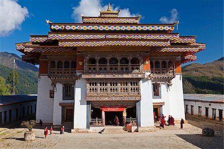 The great monastery of Gangtey, dating back to the 17th century, decorated with banner flags in preparation for a puja. Stock Photo - Rights-Managed, Code: 862-05996953