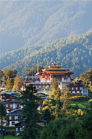 Morning light on the village of Gangtey, situated at the head of the Phobjikha Valley. Stock Photo - Rights-Managed, Code: 862-05996963