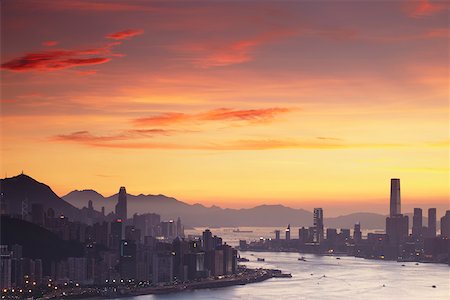 simsearch:862-07689857,k - Hong Kong Island and Tsim Sha Tsui skylines at sunset, Hong Kong, China Foto de stock - Con derechos protegidos, Código: 862-05997171