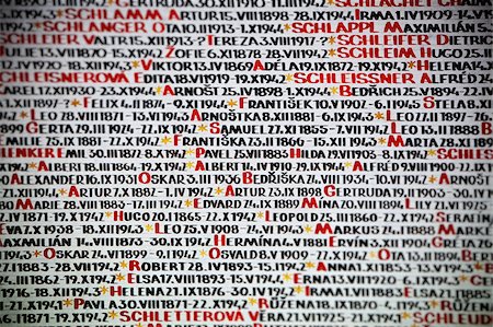 Europe, Czech Republic, Central Bohemia Region, Prague. Detail of Synagogue Pinkas's wall with the names of holocaust victims Fotografie stock - Rights-Managed, Codice: 862-05997455