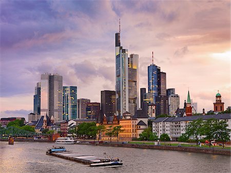 Germany, Hessen, Frankfurt Am Main, Financial district, Boat on river Main at dusk Stock Photo - Rights-Managed, Code: 862-05997781