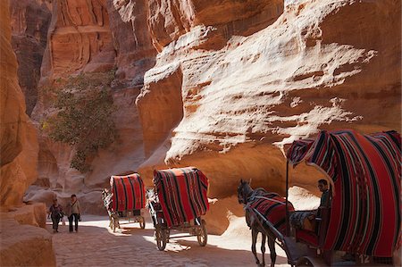 simsearch:862-05998280,k - Horse drawn carriage travelling through The Siq, a narrow canyon passage leading to The Treasuary, Petra Foto de stock - Con derechos protegidos, Código: 862-05998331