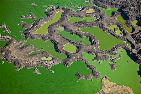 Pools of green alkaline water surrounded by lava rocks at the southern end of Lake Turkana.  The pools are fed by underground seepage from the lake but are much more alkaline, hence their brilliant shades of green. Stock Photo - Rights-Managed, Code: 862-05998449