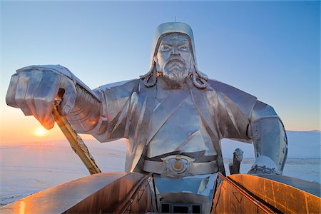 equestrian statues - Mongolia, Tov Province, Tsonjin Boldog. A 40m tall statue of Genghis Khan on horseback stands on top of The Genghis Khan Statue Complex and Museum. Stock Photo - Rights-Managed, Code: 862-05998623