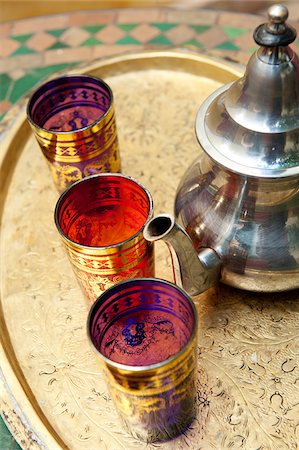 Traditional glasses and tea pot for Mint Tea, Riad Magi, Marrakech Stock Photo - Rights-Managed, Code: 862-05998697