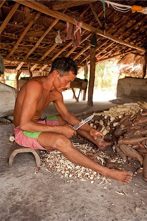 South America, Brazil, Maranhao, Barreirinhas, man peeling manioc, casava,  in a palmroofed hut in the Lencois Maranhenses Stock Photo - Rights-Managed, Code: 862-06540869