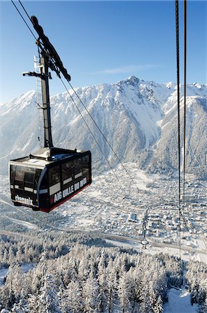 Europe, France, French Alps, Haute Savoie, Chamonix town and Aiguille du Midi cable car Stock Photo - Rights-Managed, Code: 862-06541596
