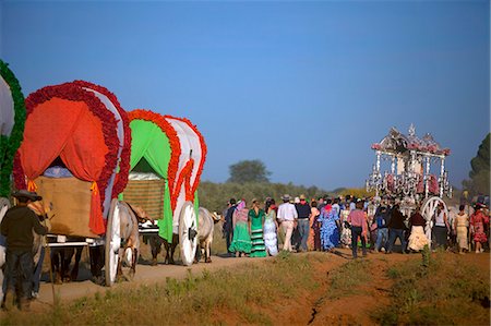 Seville, Andalusia, Spain. Colourful wagons on the way to the village of El Rocio during the El Rocio Pilgrimage Stock Photo - Rights-Managed, Code: 862-06542957