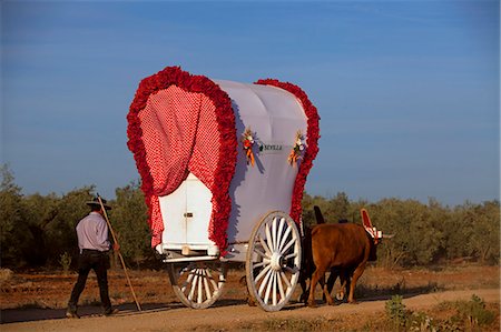 religious festival spain - Seville, Andalusia, Spain. Colourful wagons on the way to the village of El Rocio during the El Rocio Pilgrimage Stock Photo - Rights-Managed, Code: 862-06542959