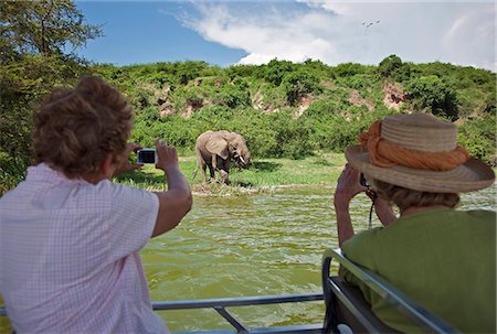 simsearch:862-06543255,k - Visitors on a launch trip up the Kazinga Channel in Queen Elizabeth National Park photograph an elephant at close quarters, Uganda, Africa Photographie de stock - Rights-Managed, Code: 862-06543228