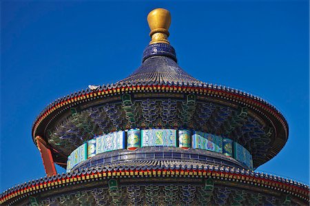 View from below of the roof eaves details of the Hall of Prayer for Good Harvests in the Temple of Heaven Tian Tan Complex, Beijing, China. Stock Photo - Rights-Managed, Code: 862-06676143