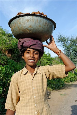 pooping - India, Rajasthan. A village girl carries a bowl of cow dung which is often collected and used as fuel. Stock Photo - Rights-Managed, Code: 862-06676827