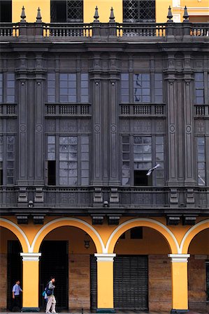 South America, Peru, Lima, wooden balcony window on Lima Municipal Palace, Palacio Municipal de Lima, situated om the main square, Plaza Mayor, in the colonial city centre Stock Photo - Rights-Managed, Code: 862-06677274