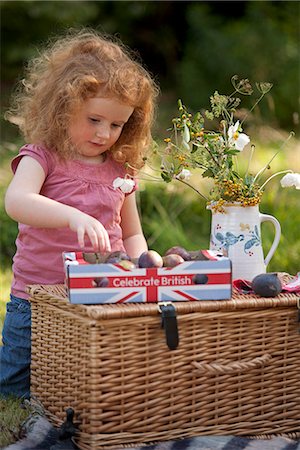 family picnics play - Nottinghamshire, UK. A toddler chooses from a box of British fruit at a late summer family picnic. (MR) Stock Photo - Rights-Managed, Code: 862-06825329