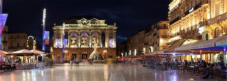 dusk photos of restaurants - The Place de la Comedie is the main focal point of the city of Montpellier, in the Herault departement in southern France. Stock Photo - Rights-Managed, Code: 862-06825483