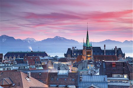 St Francois Church and city skyline at sunset, Lausanne, Vaud, Switzerland Stock Photo - Rights-Managed, Code: 862-06826236