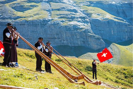 Europe, Swiss Alps, Switzerland, Bernese Oberland, Swiss Alps Jungfrau-Aletsch, Unesco World Heritage site, Jungfrau marathon, Swiss horn players Photographie de stock - Rights-Managed, Code: 862-06826253